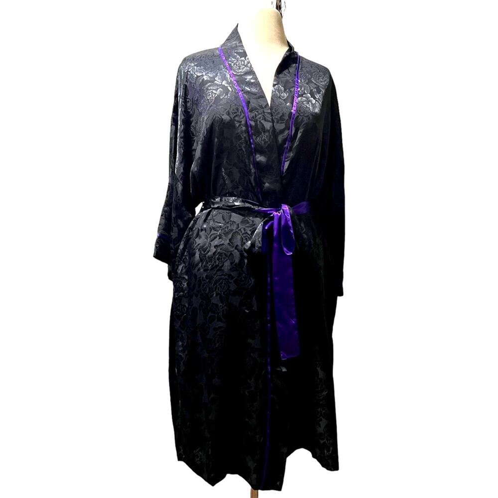 Victorias Secret Robe 90s Vintage Black with Royal purple trim Maxi Longe Sz OS